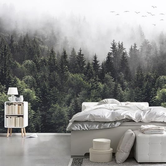 WFBHUA-Foggy Forest Woodland Wallpaper Green Nature Landscapes Wall Murals for Bedroom Living Room(Not Peel and Stick)
