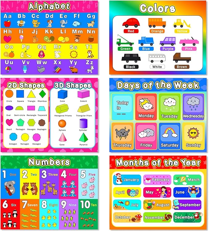 Educational Preschool Placemats for Kids Set of 6 Reusable Plastic Toddler Placemat Non Slip Washable Children Montessori Eat Table Mat for Nursery Homeschool Kindergarten Classroom Dining Table