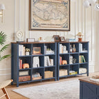9 Cube Bookcase, Farmhouse 47 Inch Wide Navy Blue Bookshelf, Wooden 3 Tier Display Large Open Book Shelf, Vintage Horizontal Book Case for Home Office, Cubby Storage Cabinet for Living Room