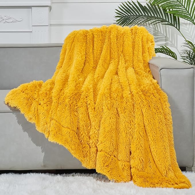 GONAAP Fuzzy Faux Fur Throw Blanket Twin Size Mustard Yellow Super Soft Cozy Plush Fuzzy Shaggy Blanket for Couch Sofa Bed (Mustard Yellow, Twin(60"x80"))