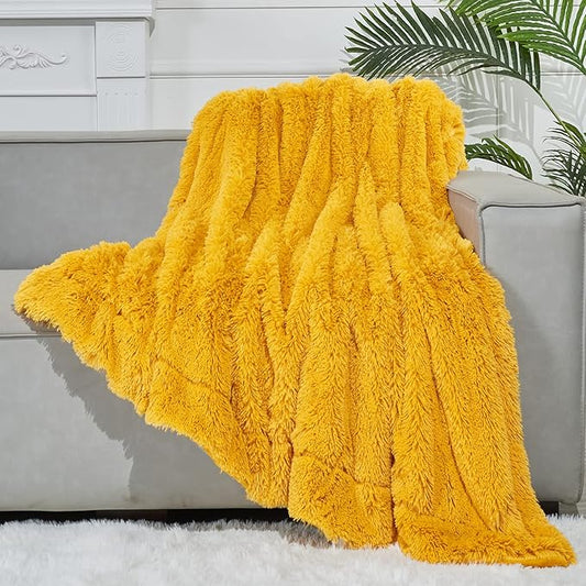 GONAAP Fuzzy Faux Fur Throw Blanket Twin Size Mustard Yellow Super Soft Cozy Plush Fuzzy Shaggy Blanket for Couch Sofa Bed (Mustard Yellow, Twin(60"x80"))