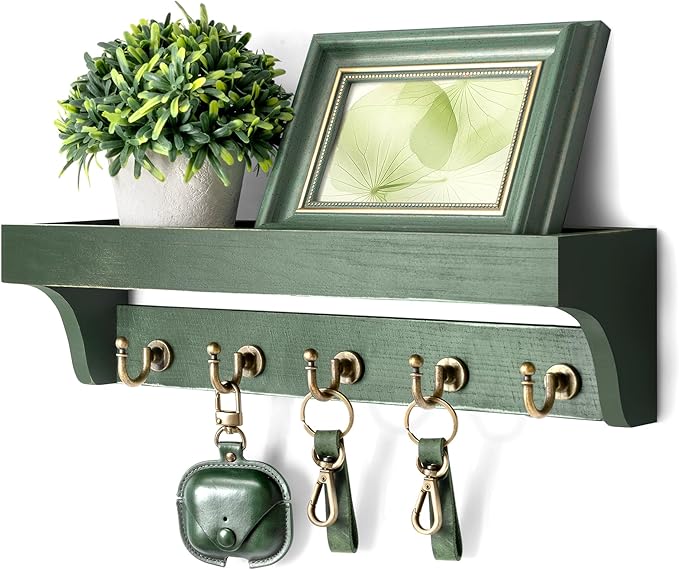Rebee Vision Farmhouse Pine Wood Key Holder Wall Mount with Shelf for Home Improvement - Rustic Wall Mail Holder for Farmhouse Room Decor - Perfect Mail Organizer for Home (Green)