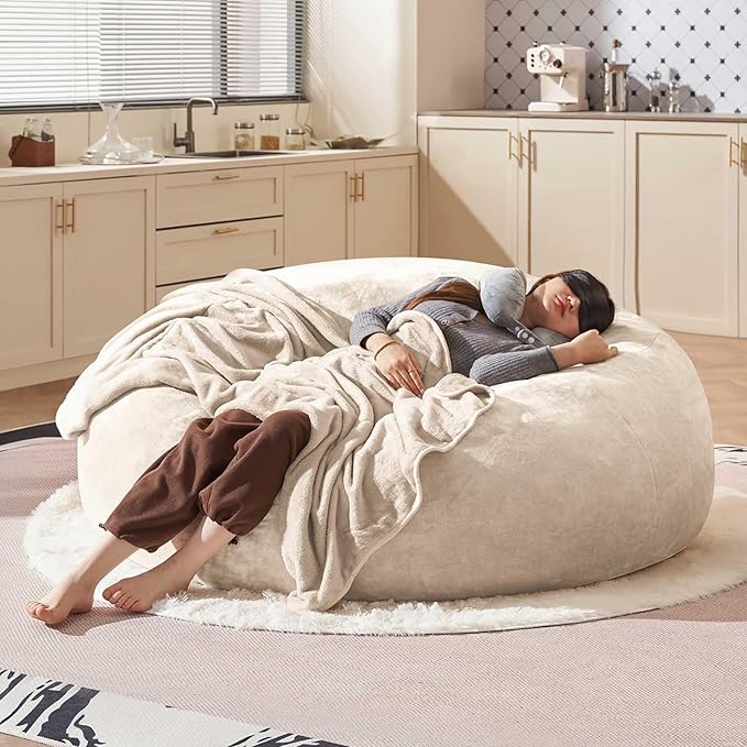 Bean Bag Chair 6Ft, Memory Foam Filled, Large Beanbag Chairs for Adults and Teens, Soft Sofa with Removable Flannel Cover, Round Couch for Living Room Bedroom College Dorm (Apricot, 6FT-67×67"×24")