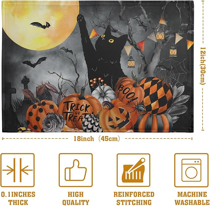 Black Cat Halloween Placemats Set of 4 Spooky Pumpkin Boo Bat Moon Horror Place Mats 12x18 Inch Seasonal Washable Linen Table Mat for Party Kitchen Dining Outdoor Indoor Decor