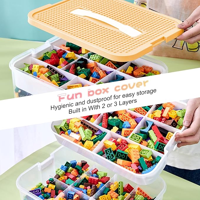 Toys Organizer Storage Case for Lego Box Kids Toy Stackable Building Blocks with Lids Bins Adjustable Lego Storage Containers Plastic Toy Box 3 Layer (Lemon)