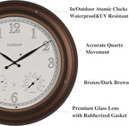 CLXEAST 24 Inch Illuminated in/Outdoor Lighted Atomic Analog Wall Clock with Thermometer & Hygrometer, Oversized Large Waterproof Wall Clocks for Living Room Decor,Bronze Finish