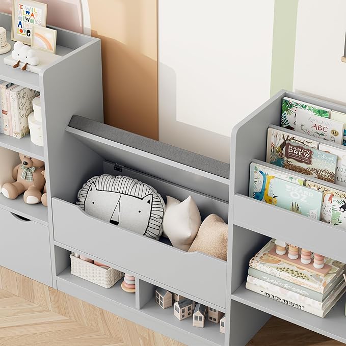 FOTOSOK 72” Kids Bookshelf with Reading Nook, Large Toy Storage Organizer with Seat Cushion and 3 Movable Drawers, Kids Reading Nook Toy Organizers and Storage with Bench for Living Room, Grey