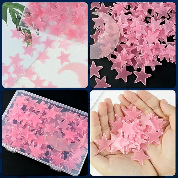 100 Stars and 1 Moon Glow in The Dark Luminous Fluorescent 3D Plastic Glow Stars Moon for Ceiling, Glowing Wall Stickers Create a Realistic Starry Sky, Room Decorations (Pink)