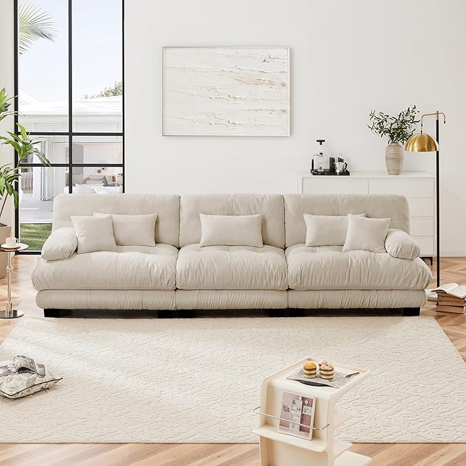 Modular Sectional Sofa Cloud Couch 3-Seater Deep Seat Sofa Couch, Oversized Couch Bed Sectional Couch with Round Bolster Armrests 5 Pillows, Modern Sofa Chair Comfy Couch
