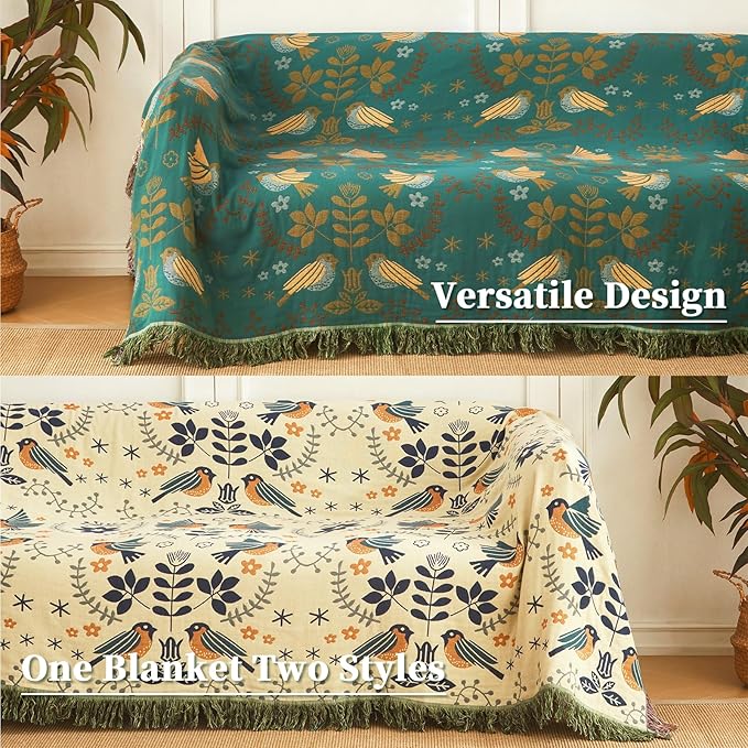 Luxury Throw Blanket Cotton Muslin Throw Blanket for Couch Breathable Floral Blanket Throw for Sofa Couch Chair Home Decoration (80"x90",01-Cute Bird)