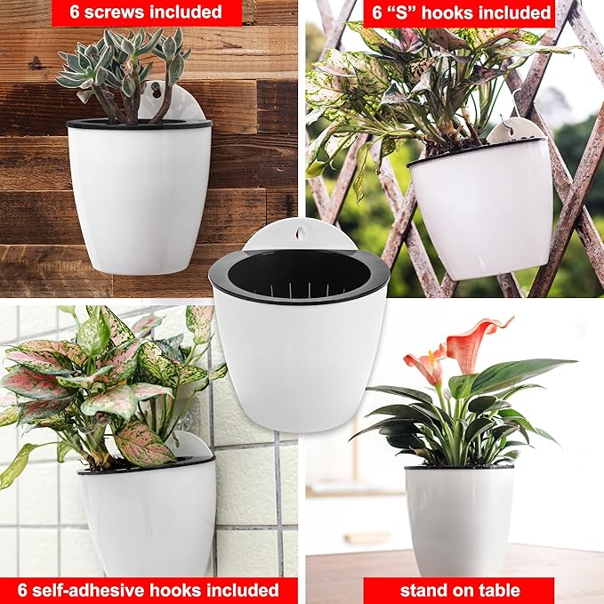 6 Pack White Hanging Planter Pots Self Watering Vertical Garden Wall Mount Window Hang Round Plastic Container Indoor Outdoor for Plants Flowers Succulent Kitchen Living Herbs Holder Decor(Large)