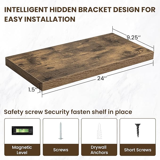 24 Inch Floating Shelves, 24"x9.25"x1.5" Inch Deep Floating Shelves for Wall, Wooden Shelves for Bathroom, Bedroom, Living Room, Brown