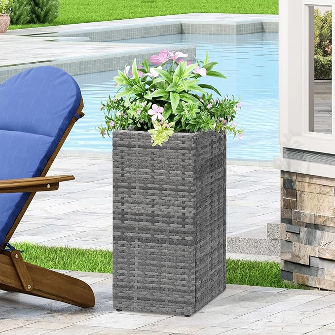 SUNNYPARK 2 Pack Tall Planters for Outdoor Plants Rattan Modern Tall Square Planter Box with Removable Liners Indoor Outdoor Porch Patio Flower Pot (12’’ x 12’’ x 24’’)
