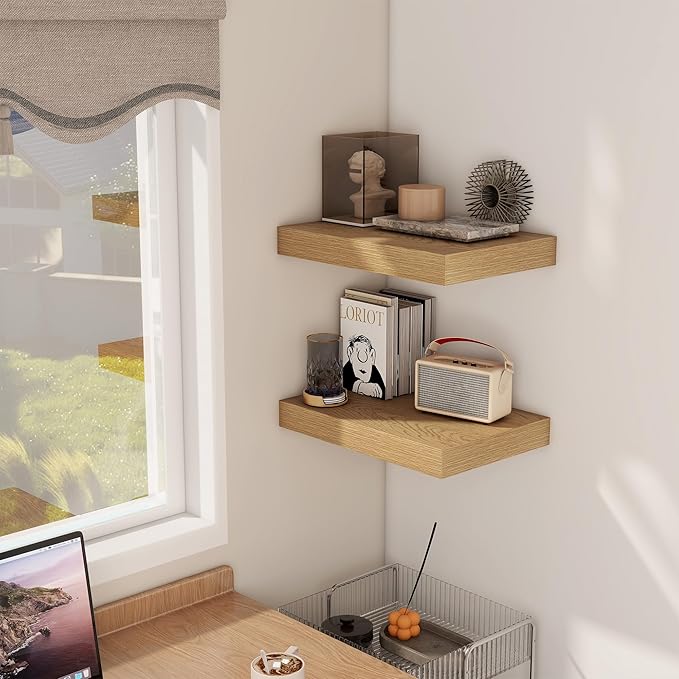 12 Inch Deep Floating Shelves, 16 x 12 Floating Shelf for Books, Rustic Wood Deep Wall Shelves for Home Storage & Display, 2" Thicked Shelves for Kitchen, Living Room, Bedroom, Oak Color, 2 Pack