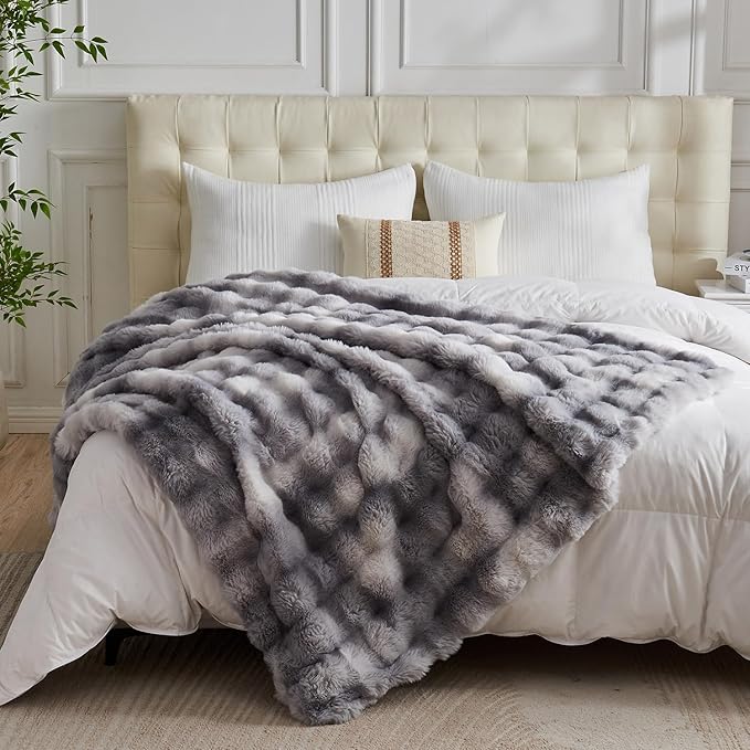 Lotus Karen Faux Fur Throw Blanket - Tie-Dye Gray, Big Bubble Rabbit Fluff, 50x60 Inches