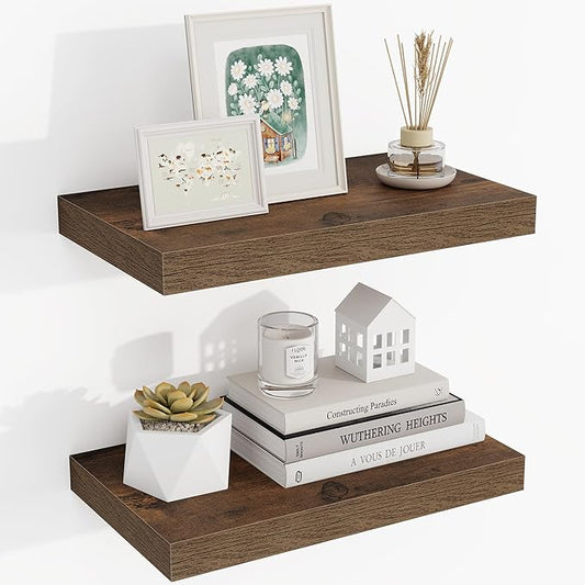 16 Inch Floating Shelves, 16"x9.25"x1.5" Inch Deep Floating Shelves for Wall, Wooden Shelves for Bathroom, Bedroom, Living Room, Brown