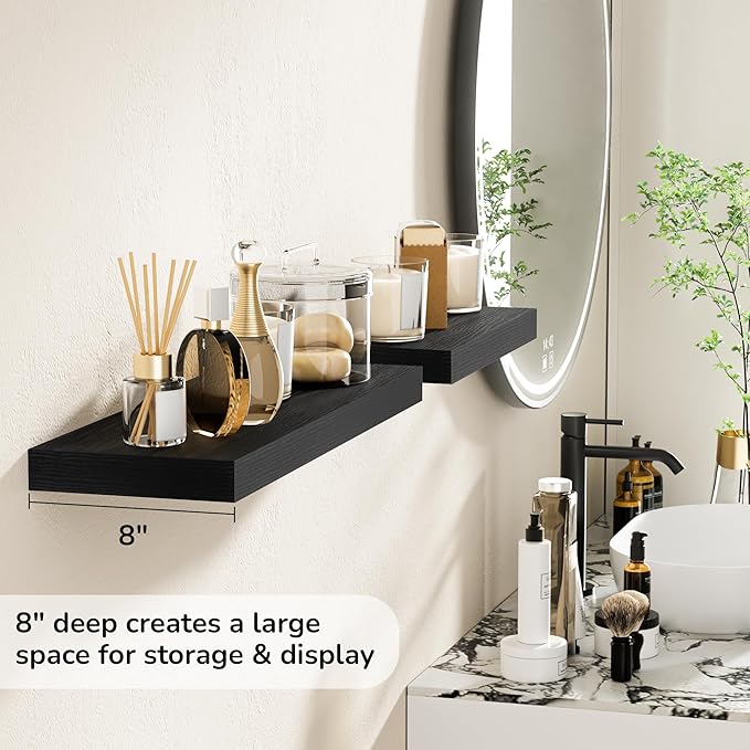 Fun Memories 24 Inch Floating Shelves - Deep Rustic Black Wooden Wall Shelves - Extra Deeper & Thicker Wall Mounted Storage Shelf for Bedroom, Kitchen, Farmhouse - 2 Pack, Rustic Black