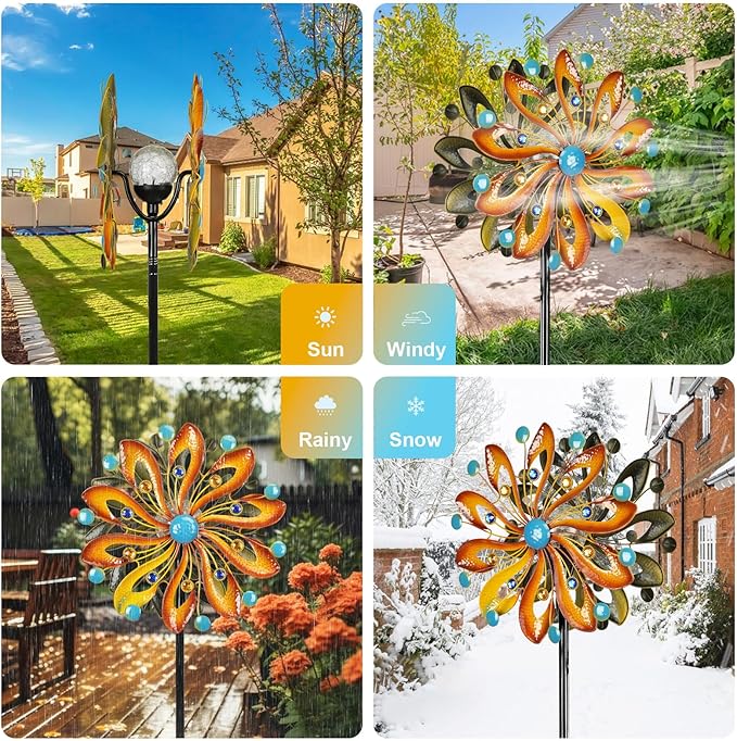 Wind Spinners for Yard and Garden - Wind Sculptures & Spinners 75 in Garden Kinetic Art with Solar Powered Multi-Color Glass Ball Light - Gradient Brown
