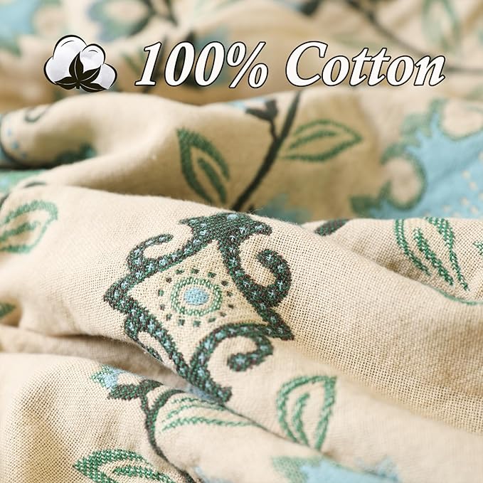Snycler Boho Throw Blanket for Bed - 100% Cotton Ultra Soft Rustic Quilt - Blue Boho Floral Printed Farmhouse Decor Bed Blankets, 60"×80" All Season Rustic Throw for Sofa Couch Chair