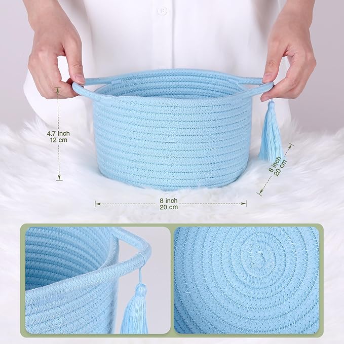 Empty Gift Basket Mini Woven Rope Organizer Baskets for Baby Shower, Vanity, Makeup Brushes, Bathroom, Shelves, Desk - Small Decorative Storage Bins - Set of 2, Pre-Shaped, Soft Blue