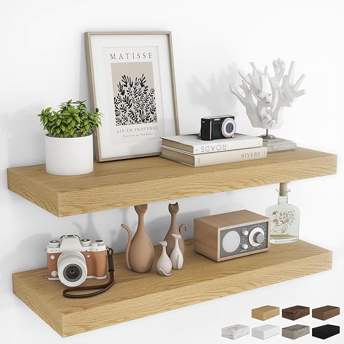 RICHFOCUS 36Inch Floating Shelves for Wall 2 Pack Shelves for Bedroom|Kitchen|Bathroom Wall Mounted Rustic Wood Floating Shelf with Invisible Brackets for Books|Storage|Decor, Oak