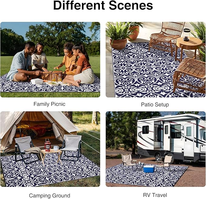 OLANLY Outdoor Rug Waterproof 9x12 ft Clearance, Reversible Outdoor Plastic Straw Rug with Floral Pattern, RV Mat for Patio, Camping, Balcony, Deck, Backyard, Navy & White