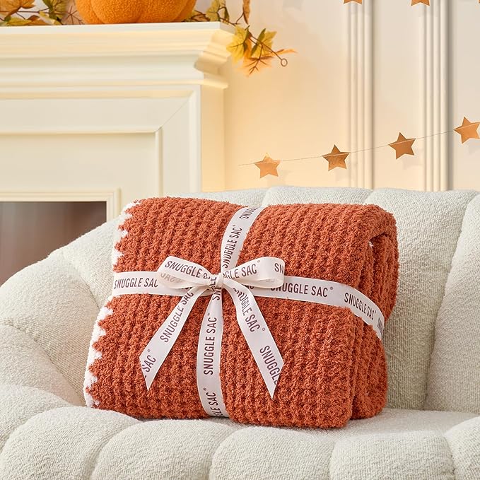 Snuggle Sac Orange Waffle Throw Blanket for Couch Bed Sofa 50x60 inches, Reversible Blanket Microfiber Fluffy Fuzzy Cozy Knit Soft Throws for Women Mothers Birthday Gifts
