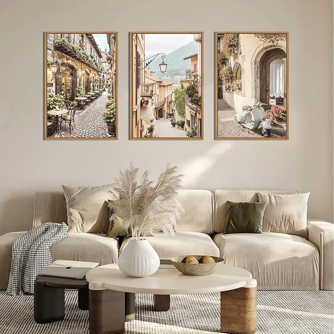 HPINUB Foreign Scenery Framed Canvas Wall Art Set,Vintage Travel City Wall Decor,Modern Minimalist Europe Street Picture Artwork Nature Landscape Art Print for Living Room,Bedroom-24 x36 x3