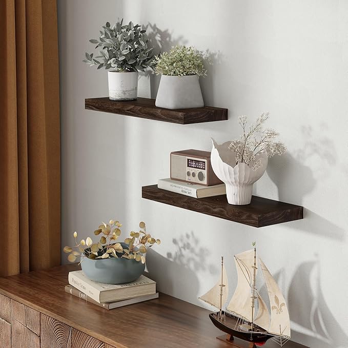 Wood Floating Shelves for Wall, 24" Floating Shelves Wall Mounted, Rustic Old Elm Wood Shelves for Home Decor, Heavy-Duty Storage Shelves for Books, Bathroom, Kitchen, Walnut Color, Set of 2