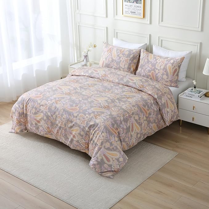 ABREEZE Paisley Bedding Sets 3Pcs Brushed Cotton Duvet Cover Set Queen Size Rustic Damask Gold Floral Comforter Cover with Zipper Closure Boho Bedding Collections