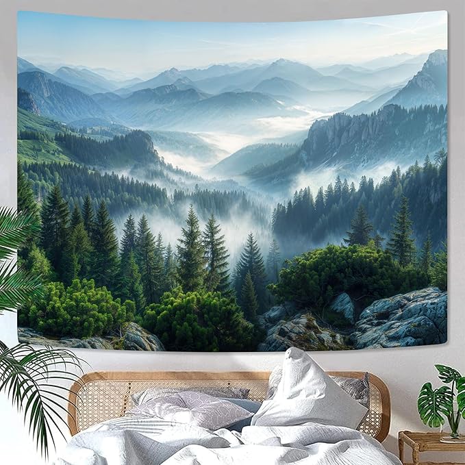 AMM Nature Forest Mountain Tapestry Green Misty Pine Tree Tapestry for Bedroom Aesthetic Foggy Woodlands Sky Landscape Tapestries Wall Hanging for Living Room Dorm 80 x 60 Inch