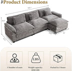 URRED Modular Sectional Sofa Comfy Cloud Couch, Modern Chenille Sofa Sleeper Deep Seat Couches with Ottoman/Pillows for Living Room (Gray, 117''- L Shape)