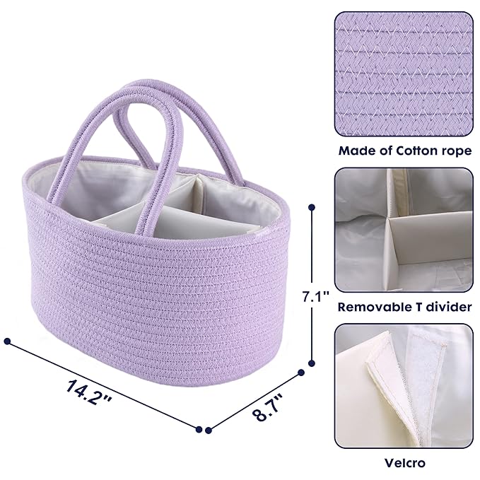 Baby Diaper Caddy Organizer Cotton Rope Nursery Storage Bin Basket Portable Holder Tote Bag for Changing Table Car Travel Baby Shower Gifts Newborn Essentials Registry Must Have Purple or Lavender