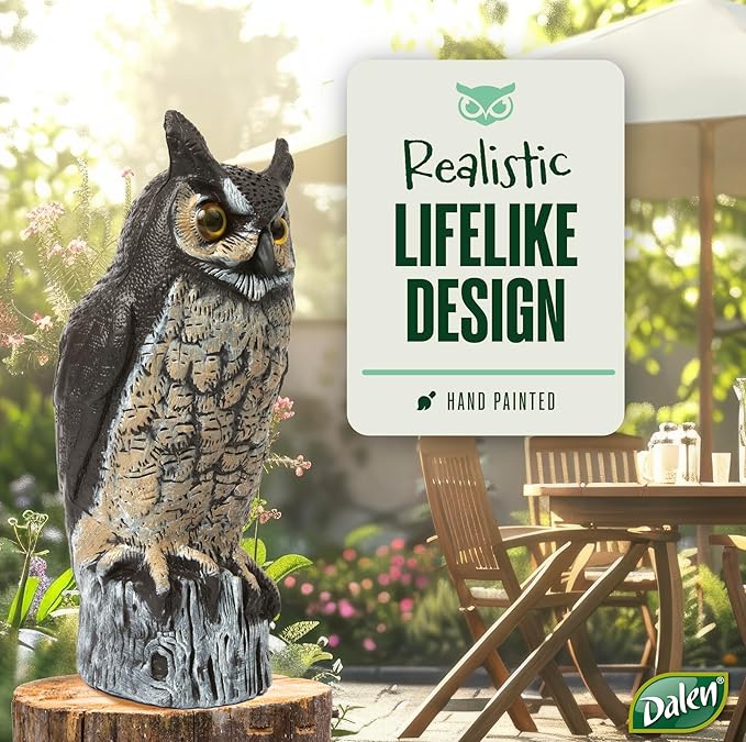 Dalen Large Fake Owl Decoy to Scare Birds Away - Garden Scarecrow Provides Natural Pest Control - 16" Tall - Great Horned Owl