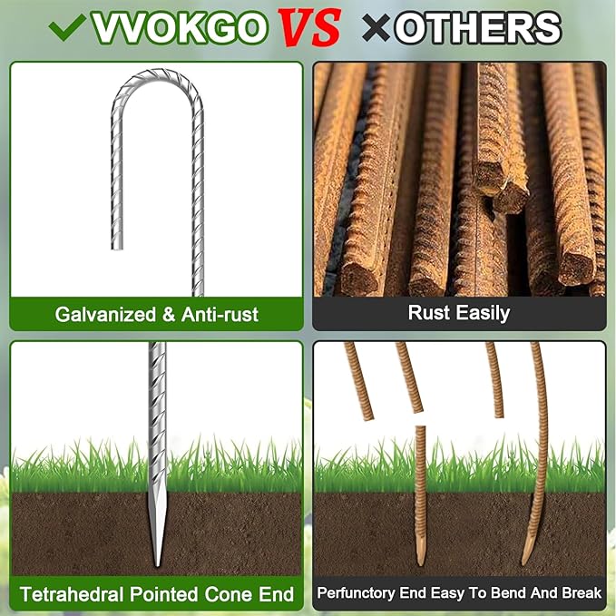 VVOKGO Rebar-Stakes-12-Inch J Hook Galvanized Tent Stakes Heavy Duty, 50-Pack Ground Chain Link Fence Anchors with Chisel Point End for Gazebo, Camping Tents, Outdoor Inflatables Decorations