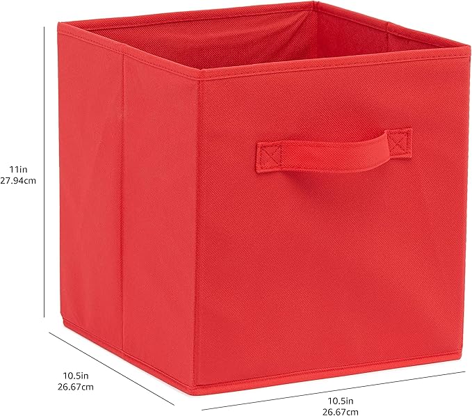 Amazon Basics Cube Organizer Storage Bins Handles, Collapsible Fabric, Pack of 6, 10.5"x10.5"x11", Red