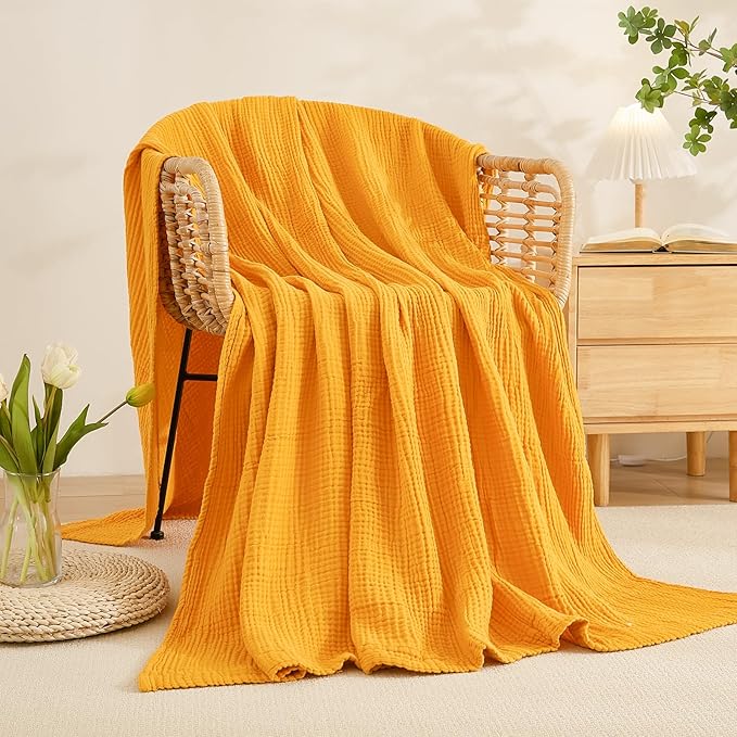 EMME Cotton Blanket Queen Size for Bed Soft Large Muslin Bed Blankets 90"x90" Lightweight Breathable All Season Gauze Blanket, Mustard Yellow