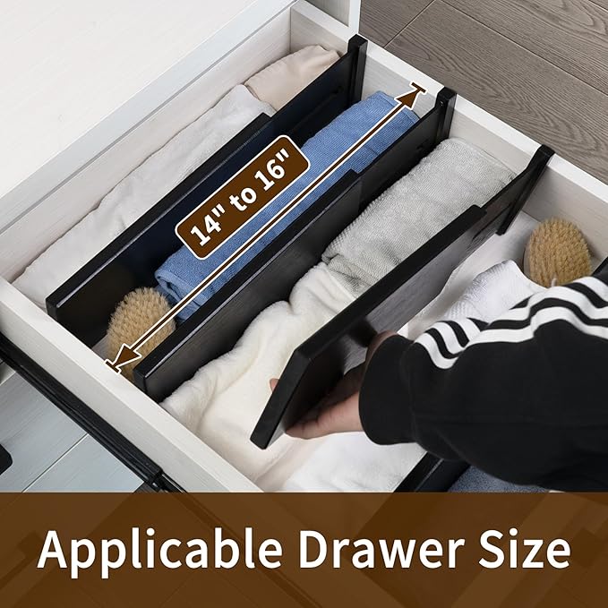 Utoplike Bamboo Dresser Drawer Dividers, 4'' High Adjustable Drawer Organizers for Clothing, Spring Loaded, Works in Kitchen, Bathroom, Bedroom, Drawer, Desk, 4 PCS, Black