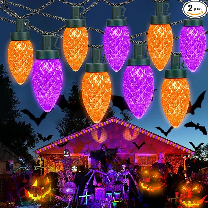 2PK 100 LED Purple and Orange C9 Halloween Lights Indoor Outdoor, Extendable 98FT C9 String Lights with 13 Modes & Timer, Waterproof Plug in Halloween Decorations for Tree Patio Fall Party Garden