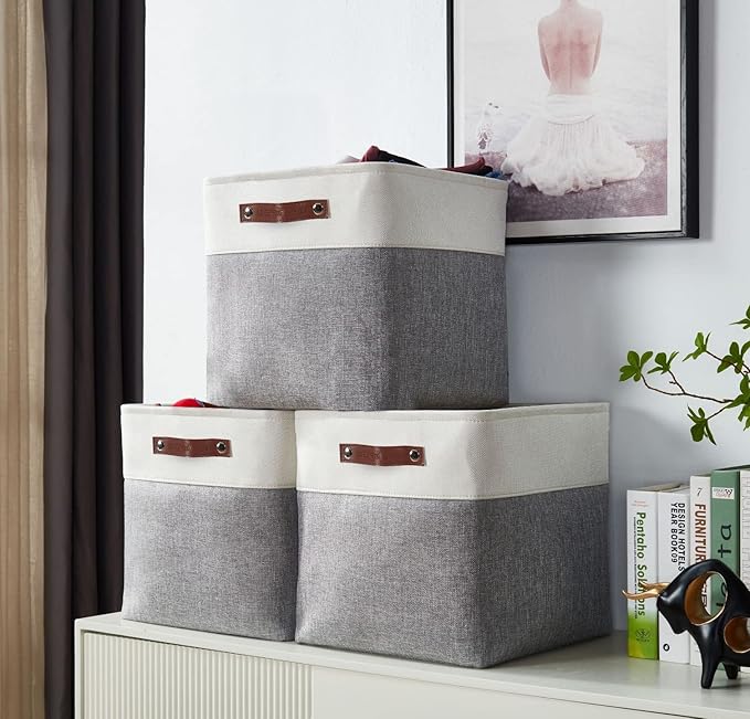 DECOMOMO Storage Cubes, 11x11 Cube Storage Bins, Baskets for Shelves (Grey & White, Cube 11" - 4 Pack)