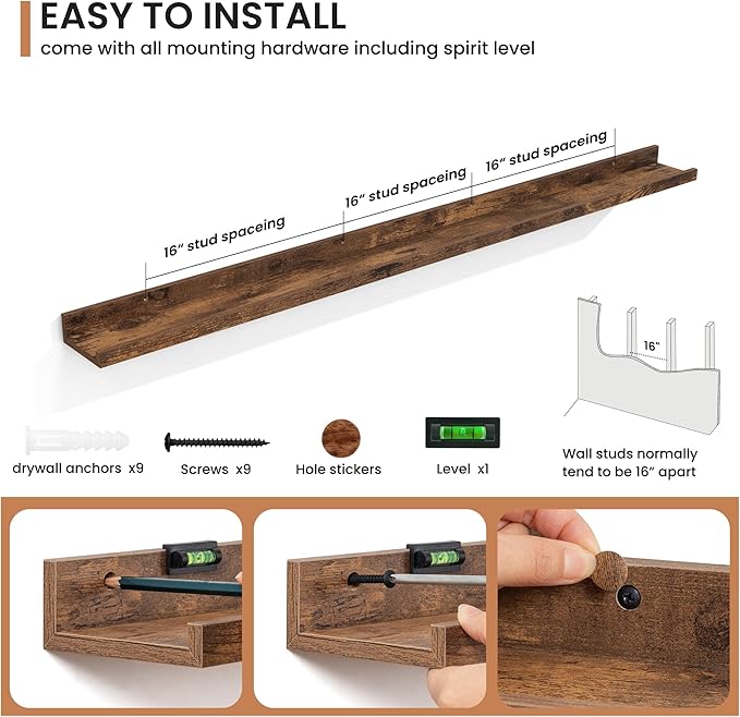 Fun Memories Picture Ledge Shelves Set of 2, 55 Inch Rustic Wall Mounted Floating Shelves with Lip for Home Storage and Décor in Bathroom, Kitchen, Nursery, Bedroom, Living Room, Brown