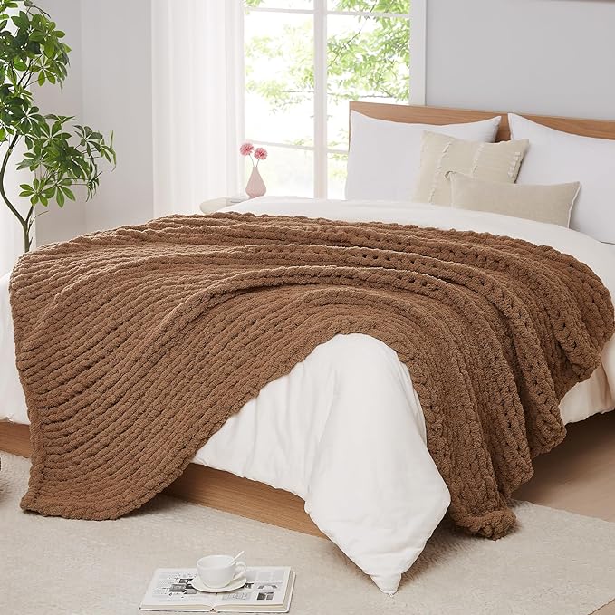 L'AGRATY Chunky Knit Blanket - Soft Chenille Yarn Throw - 60x80: Handmade Thick Cable Knit Crochet Blanket for Couch, Sofa, Bed & Home Decor