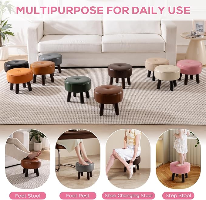 Small Foot Stool Round Pouf Ottoman, 13'' Leather Foot Rest with Non-Skid Rubber Legs, Foolstool Ottomans for Couch, Sofa Footrest Step Stool for Living Room Bedroom Entryway Office, Pink