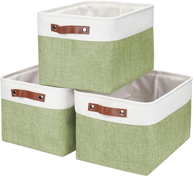 Storage Bins Large Fabric Storage Baskets for Shelves 3 Pack, Decorative Linen Closet Baskets with Handles for Organizing, Shelf, Clothes, Home, Office, 15x11x9.5Inches (Green&White)