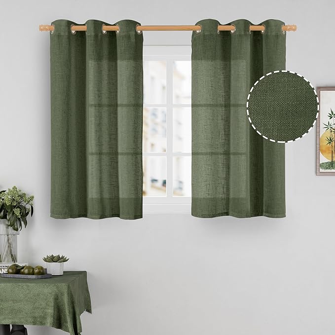 LAMIT Sheer Linen Curtains 40 inch Long for Small Windows, Olive Green Light Filtering Curtains Bronze Grommet Linen Textured Neutral Boho Christmas Drapes for Kitchen/Cafe, 2 Panels, 34 x 40 Inch