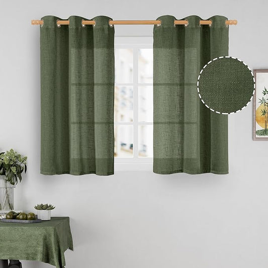 LAMIT Sheer Linen Curtains 40 inch Long for Small Windows, Olive Green Light Filtering Curtains Bronze Grommet Linen Textured Neutral Boho Christmas Drapes for Kitchen/Cafe, 2 Panels, 34 x 40 Inch