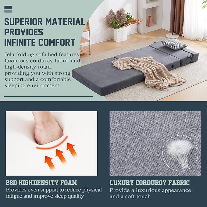 jela Foldable Sofa Bed Large Soft Foam Convertible Sleeper Chair Luxury Corduroy Fabric Fold Out Chair Bed Floor Couch with Back Support Floor Sofa for Living Room Bedroom (83"x33",Darkgrey)