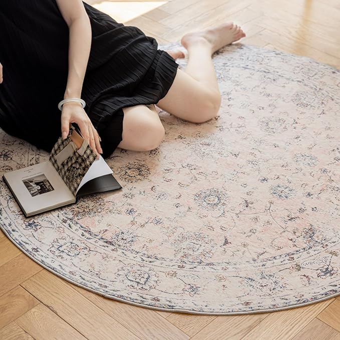 4'x4' Vintage Floral Rug - Persian Inspired Low-Pile Faux Wool Area Rug, Non-Slip Washable Round Rug for Bedroom, Nursery, Dorm, Soft Pink Boho Chic Decor