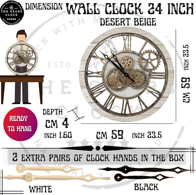 The Gears Clock The Original Real Moving Gear Wall Clock Vintage Industrial Oversized Rustic Farmhouse (24 inch (60cm), Vintage Desert Beige and Bronze)
