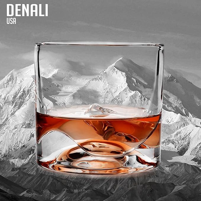 Denali Mountain Heavy Crystal Whiskey Glasses Gift Set of 2, Thick Freezable Bourbon Glass 1lb Each, Premium Whiskey Gifts for Men, Frozen Crystal Chills Cocktails, 10 oz
